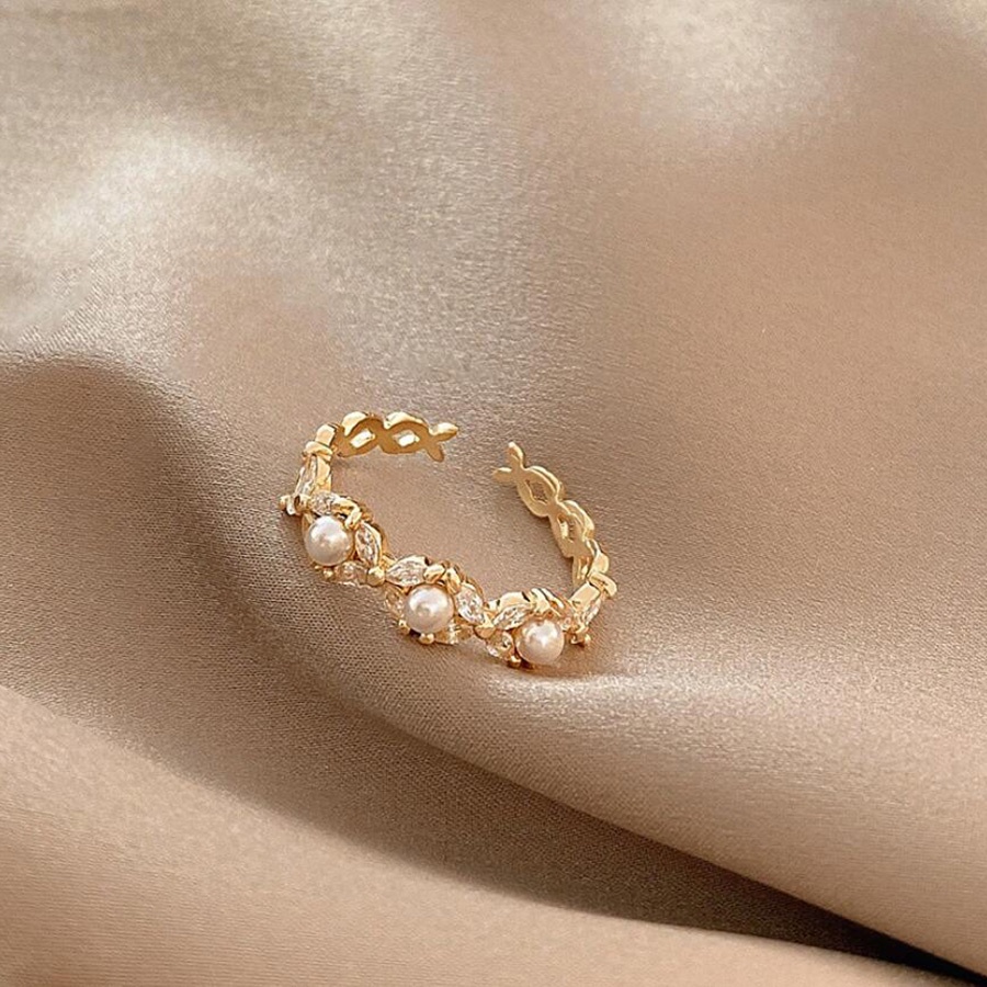 แหวนเหล็กไทเทเนียม ประดับมุก เพชร สีทอง หรูหรา ปรับขนาดได้ เครื่องประดับแฟชั่น สําหรับผู้หญิง - รูปที่ 6