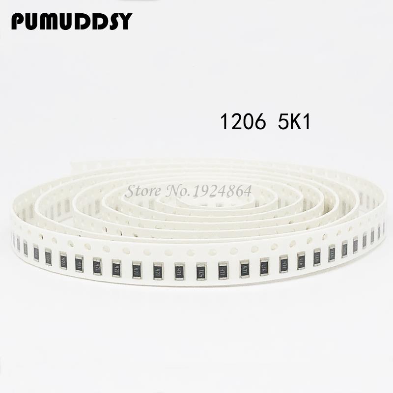 ตัวต้านทานแบบไร้ขา 1206 SMD 5.1K ohm chip resistor 0.25W 1/4W 5K1 512 100 ชิ้น