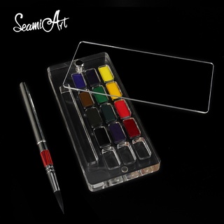 Seamiart ชุดของขวัญสีน้ํา 12 สีพร้อมกล่องอะคริลิคใส &amp; แผ่นแปรงวาดภาพ 1 ชิ้น