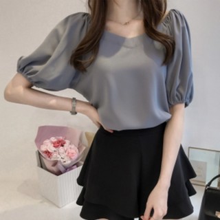 เสื้อเชิ้ตแขนสั้น คอวี ผ้าชีฟอง สีพื้น แบบเรียบง่าย สําหรับผู้หญิง