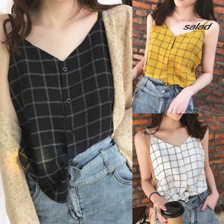 Sd- เสื้อสายเดี่ยว สายสปาเก็ตตี้ ปรับได้ ลายสก๊อต เสื้อกล้ามแฟชั่น คอวี กระดุม เสื้อกั๊ก สําหรับผู้หญิง ฤดูร้อน