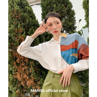 MANSA white printed asymmetric loose shirt เสื้อเชิ้ตทรงหลวมพิมพ์ลายสีขาว