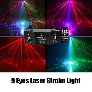 รีโมทคอนโทรล 9 ดวง Dj party RGB Laser Strobe 2 In 1 สําหรับงานปาร์ตี้ ไฟเลเซอร์ ไฟเลเซอร์ RGB ไฟเลเซอร์ปาร์ตี้ ไฟบาร์