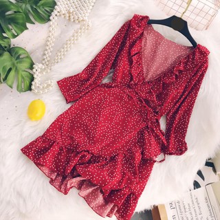 🔥พร้อมส่ง🔥 เดรสสีแดงลายจุด Polkadot เดรสสไตล์เกาหลี