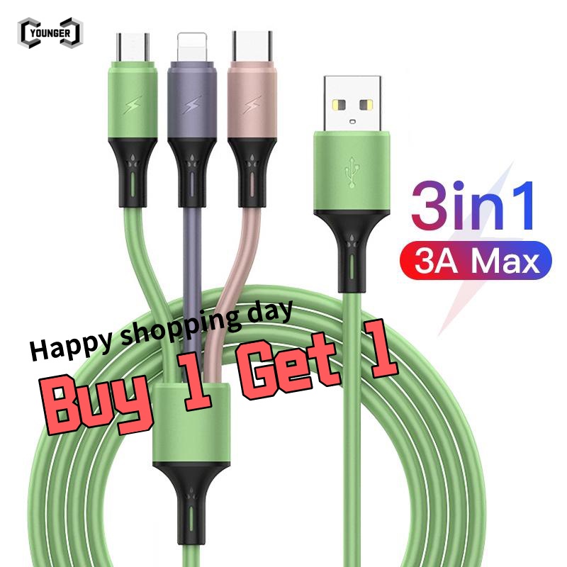 [ซื้อ 1 แถม 1] สายชาร์จซิลิโคนซิลิกาเจล 3 In 1 120 ซม. 3A สําหรับ Android Micro Usb Type c สายชาร์จ Micro Usb
