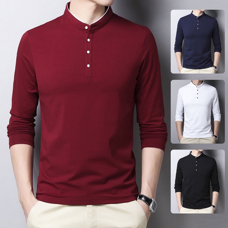 เสื้อยืดคอจีนแขนยาว ผ้าค๊อตตอนแท้100%หลายสไตล์