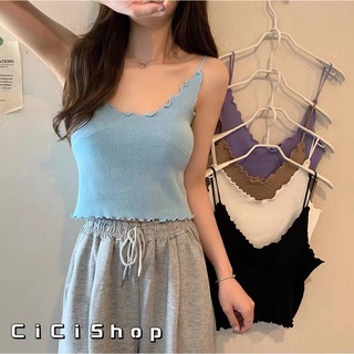 Cicishop(23122)สายเดี่ยวไหมพรม แต่งขอบระบาย น่ารัก คอยู  ผ่าร่อง ผ้านิ่มใส่สบาย