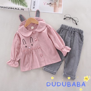 ราคา【 dudubaba 】 เสื้อแขนยาว ลายการ์ตูนกระต่าย และ กางเกงลายสก๊อต สำหรับเด็ก 0-4 ปี