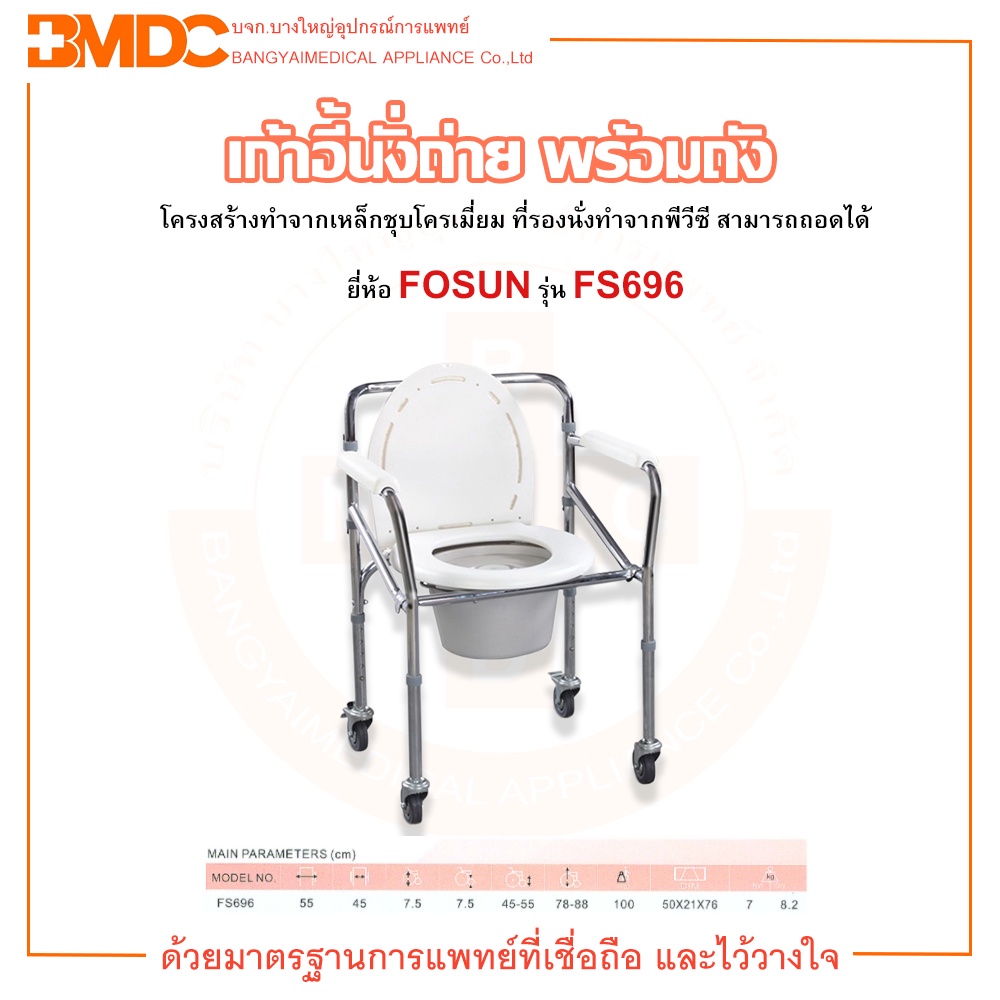 รถเข็นนั่งถ่ายมีล้อ FS696 อาบน้ำได้ พับเก็บได้ คร่อมชักโครกได้