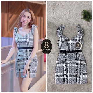 💎พร้อมส่ง💎8studio เดรสสีดำลายสก๊อตสายเดี่ยว