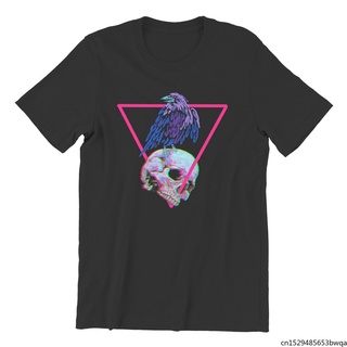 เสื้อยืดคอกลมเสื้อยืดพิมพ์ลาย Synthwave Raven Skull Demon Slayer Anime Kawaii แฟชั่นสําหรับผู้ชาย