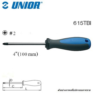 UNIOR 615TBI ไขควงแกนใหญ่แฉก 4" #2x6.0mm ชุบโครเมี่ยมปากดำด้ามฟ้าเทา