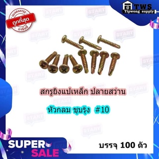 สกรูยิงแปเหล็ก ปลายสว่าน หัวกลม ชุบรุ้ง #10