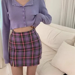 ETichic กระโปรงลายสก็อต สีม่วง รุ่นนี้มีซับในPurple Skirt02#