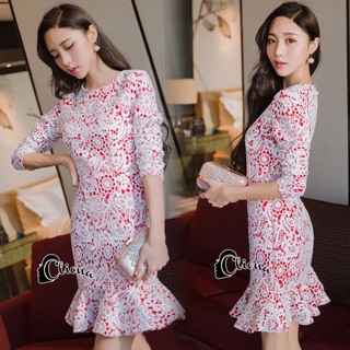 Mini dress คอกลมลูกไม้สีขาว ลายแน่น แขน4ส่วน เข้ารูป ดูหรู เรียบค่ะ