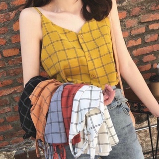 เสื้อแฟชั่นสายเดี่ยว ลายสก๊อตเกาหลี ผ้าชีฟอง เนื้อดี ใส่สบาย สวยเซ็กซี่ กระดุมหน้า ปรับสายได้