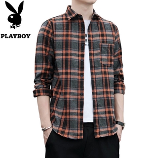 Playboy เสื้อเชิ้ตลําลอง เข้ารูป ลายสก๊อต แฟชั่นสําหรับผู้ชาย