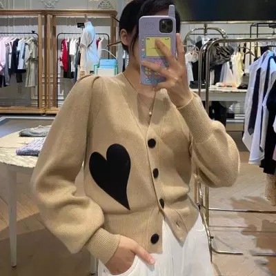 เสื้อคาร์ดิแกน เสื้อไหมพรม แขนยาวคอวี สุดน่ารัก ลายหัวใจสไดล์เกาหลี lune 20022