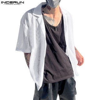 Incerun เสื้อเชิ้ตลําลอง แขนสั้น คอวี ผ้าตาข่าย แต่งกระดุม สําหรับผู้ชาย