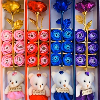🌹พร้อมส่ง🌹 ดอกกุหลาบสบู่  3 in 1 ดอกชุบ+ดอกสบู่+ตุ๊กตาหมี  กุหลาบสบู่ กุหลาบเคลือบทอง24k
