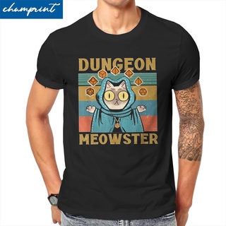 เสื้อยืดผ้าฝ้ายพิมพ์ลายแฟชั่น เสื้อยืดแขนสั้น ผ้าฝ้าย พิมพ์ลาย Awesome Dungeon Meowster Nerdy Gamer Cat D20 Dice Rpg สํา