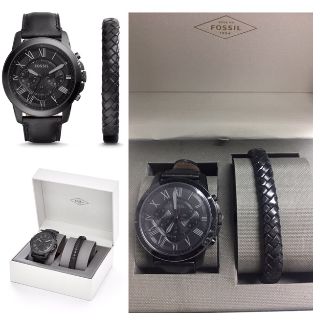 FOSSIL GRANT CHRONOGRAPH BLACK LEATHER WATCH AND BRACELET SET