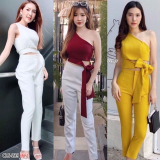 CL5-239 👙 Set 2 ชิ้น เสื้อไหล่เดียวชายผูกโบว์ + กางเกงขายาว 5 ส่วน