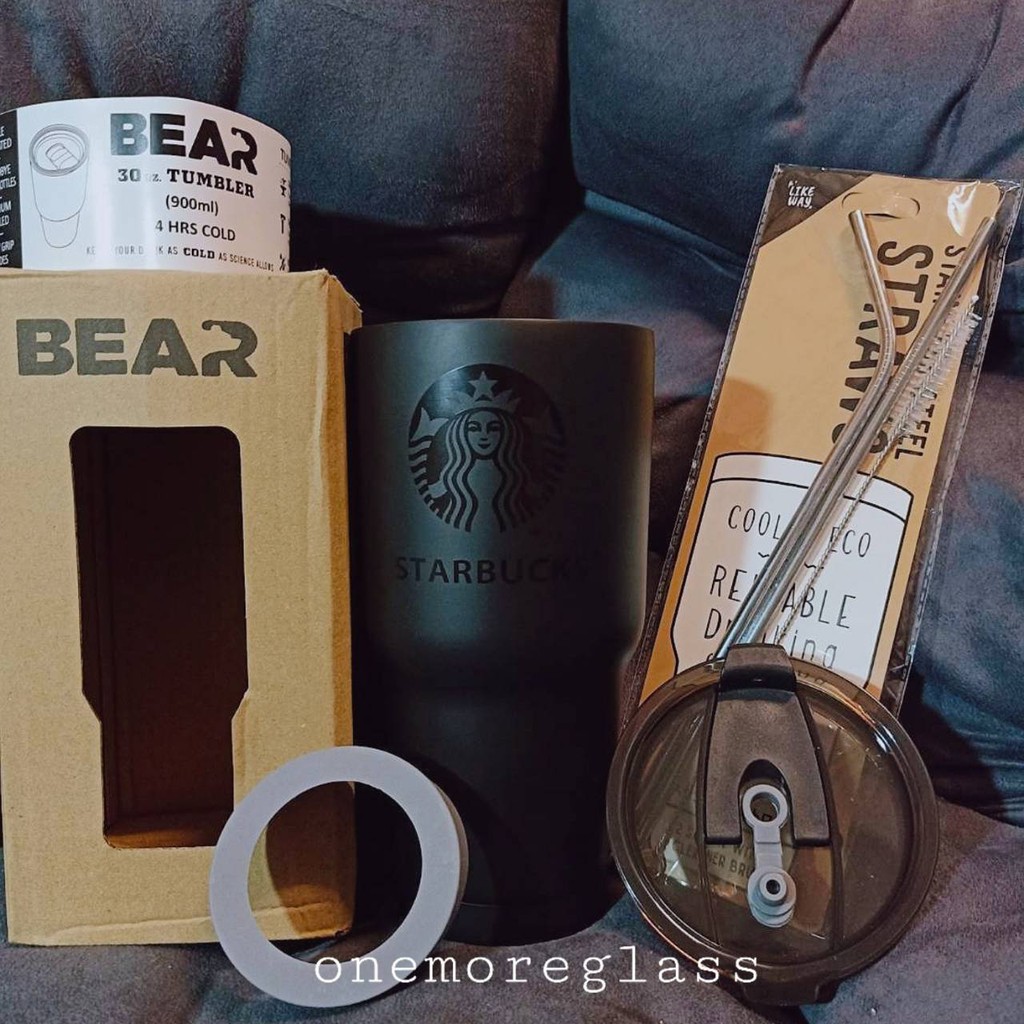 แก้วBearสีดำด้าน สกรีนสตาบัค ขนาด30 Oz.แถมฟรี หลอดสแตนเลสพร้อมแปรงล้างหลอด ยางรองแก้ว1อัน ฝาแก้วน้ำ1อัน