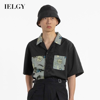 Ielgy เสื้อเชิ้ต แขนสั้น เย็บปะติดปะต่อกัน สีดํา สําหรับผู้ชาย