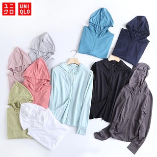 Uniqlo เสื้อกันหนาวมีฮู้ดสีทึบผู้หญิงหลวมกระเป๋าขนาดใหญ่เสื้อสเวตเตอร์คลาสสิกสไตล์อินทั้งหมดแมทช์