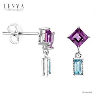 Lenya Jewelry ต่างหูเงินแท้ประดับอเมทิสต์  ทรงสี่เหลี่ยมและ โทแพซสีฟ้า  ตัวเรือนเงินแท้ 925 ชุบโรเดียม