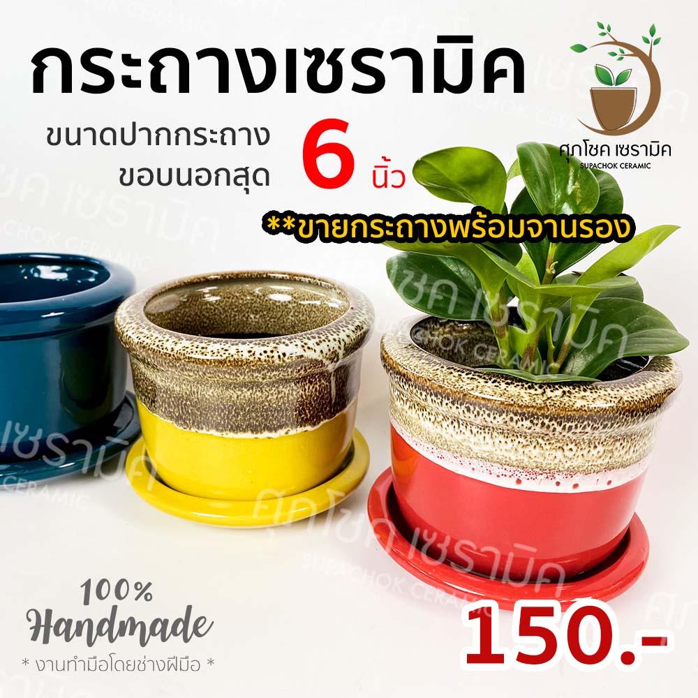 กระถางเซรามิค ปากกลม สี (ไซด์กว้าง 6 นิ้ว)