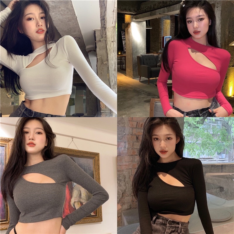 🌈เสื้อครอป แขนยาว เว้าอก สุดเซ็กซี่ เสื้อสายฝอ มี4สี ขาว-ดำ-เทา-ชมพู 18AUG21