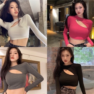 🌈เสื้อครอป แขนยาว เว้าอก สุดเซ็กซี่ เสื้อสายฝอ มี4สี ขาว-ดำ-เทา-ชมพู 18AUG21