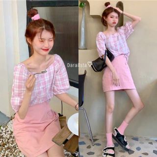 Daralista♡︎ (SS08) Scott Pinky Set เสื้อแขนตุ๊กตา​แมทช์​มากับกระโปรง​ทรงเอสีหวาน