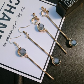 Korea Blue Clear Round Crystal Chic Gold Clip Earrings ต่างหู ตุ้มหู ต่างหูหนีบ เกาหลี สี ทอง ประดับ คริสตัล กลม ฟ้า