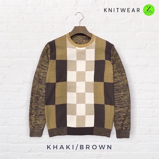 Knitwear ZASUM แขนยาวคอกลม ลายตาราง สีกากี ถักทอด้วย Cotton100% ผ้านุ่มใส่สบาย