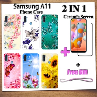 2 IN 1 เคสโทรศัพท์ Samsung A11 พร้อมกระจกนิรภัยกันรอยหน้าจอเซรามิค ฟิล์มนิรภัย แบบโค้ง ลายผีเสื้อ