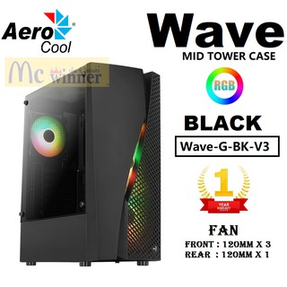 CASE (เคส) AEROCOOL WAVE (RGB)(WAVE-G-BK-V3) MID TOWER CASE (สีดำ) *พัดลม120mm ด้านหน้า x 3 ด้านหลัง x 1* ประกัน 1 ปี