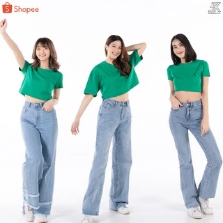 Expogarment เสื้อครอป เอวลอย CROP แขนสั้น คอกลม ผ้าคอตตอน มี3ทรง ( ขาว ดำ บานเย็น ฟ้าทะเล เขียวสด)