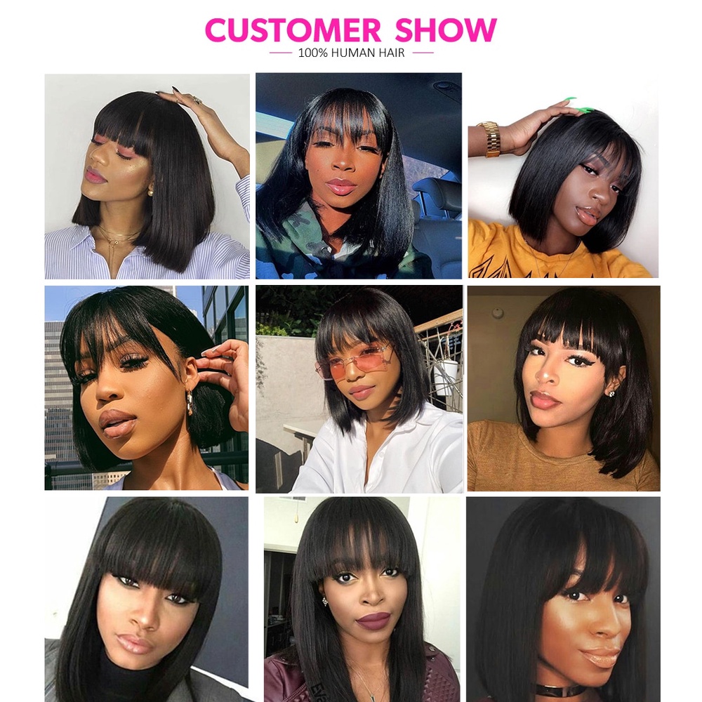 WOME Straight BOB wigs With Bangs Human Hair Wigs Pre Plucked Full ...