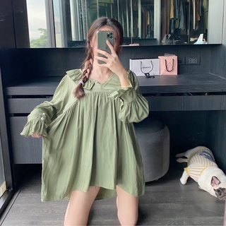 MM0503 NVB2102 H satin sweet ท็อปโอเวอร์ไซส์ คอวีแต่งระบาย ผ้าไหมไฮโซเนื้อดี ผ้านิ่ม ใส่เป็นมินิเดรสได้เลย