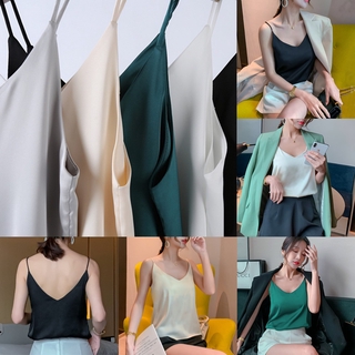 Satin Camisoles V Neck Spaghetti Strap Tops Women Korean Style Off Shoulder Satin Blouse Shirt Basic Clothing Black White Gray Green Plain Solid Color Sleeveless Cami Tank Tops Women