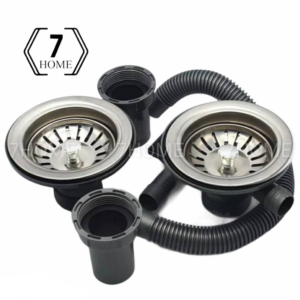 [7 HOME] ชุดสะดืออ่างซิงค์ 2 หลุมล้างจานมีรูน้ำล้นสแตนเลสแท้