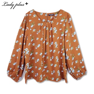 Lady Plus เสื้อจับจีบคอลายดอกไม้ | Floral Print Blouse เสื้อแขนยาว เสื้อทำงาน สีน้ำตาล