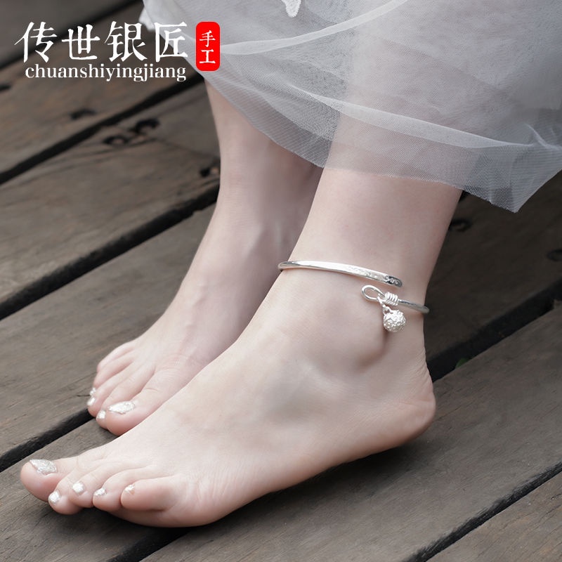 Handed over Sterling Silver Anklet Anklet 999 เงินบริสุทธิ ์ หญิงผู ้ ใหญ ่ Handmade เลื ่ อนปรับ Anklet เครื ่ องประดับเงิน Bell แหวน Retro แฟชั ่ น All-Match อินเทรนด ์