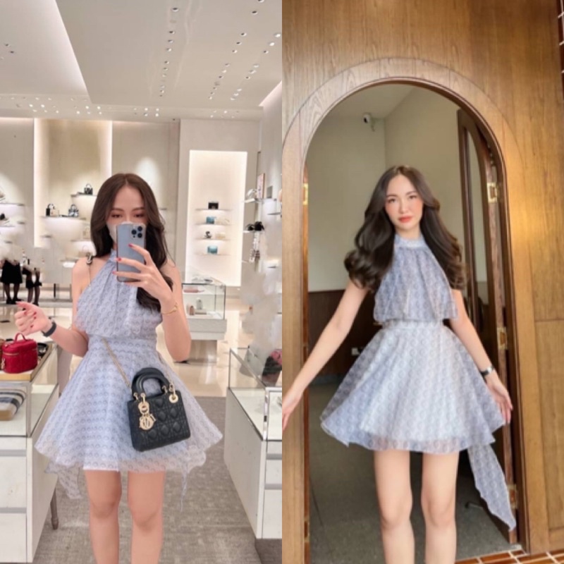 ชุดเดรสสั้นผ้าแก้วพิมพ์ลาย จับจีบด้านหน้า ผูกโบว์คอหลัง พร้อมส่ง