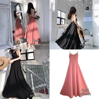 พร้อมส่ง เดรสโชว์หลังหลังโบว์โบว์ทรงเอ Dress Korean วันหยุด เดรสเกาหลีผู้หญิงเซ็กซี่ ชุดเดรสยาวสายเดี่ยวสีดำ