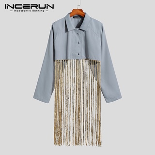 Incerun เสื้อแจ็กเก็ตลําลอง แขนยาว ประดับพู่ สีพื้น สําหรับผู้ชาย