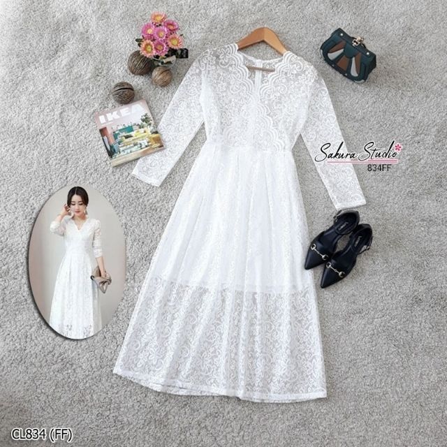 Sale!!MAXI DRESS เดรสลูกไม้สีขาวฉลุดอกกุหลาบทั้งชุดแขนยาว งานป้ายห้อย NANABELLA สวยงามเรียบหรูมาก